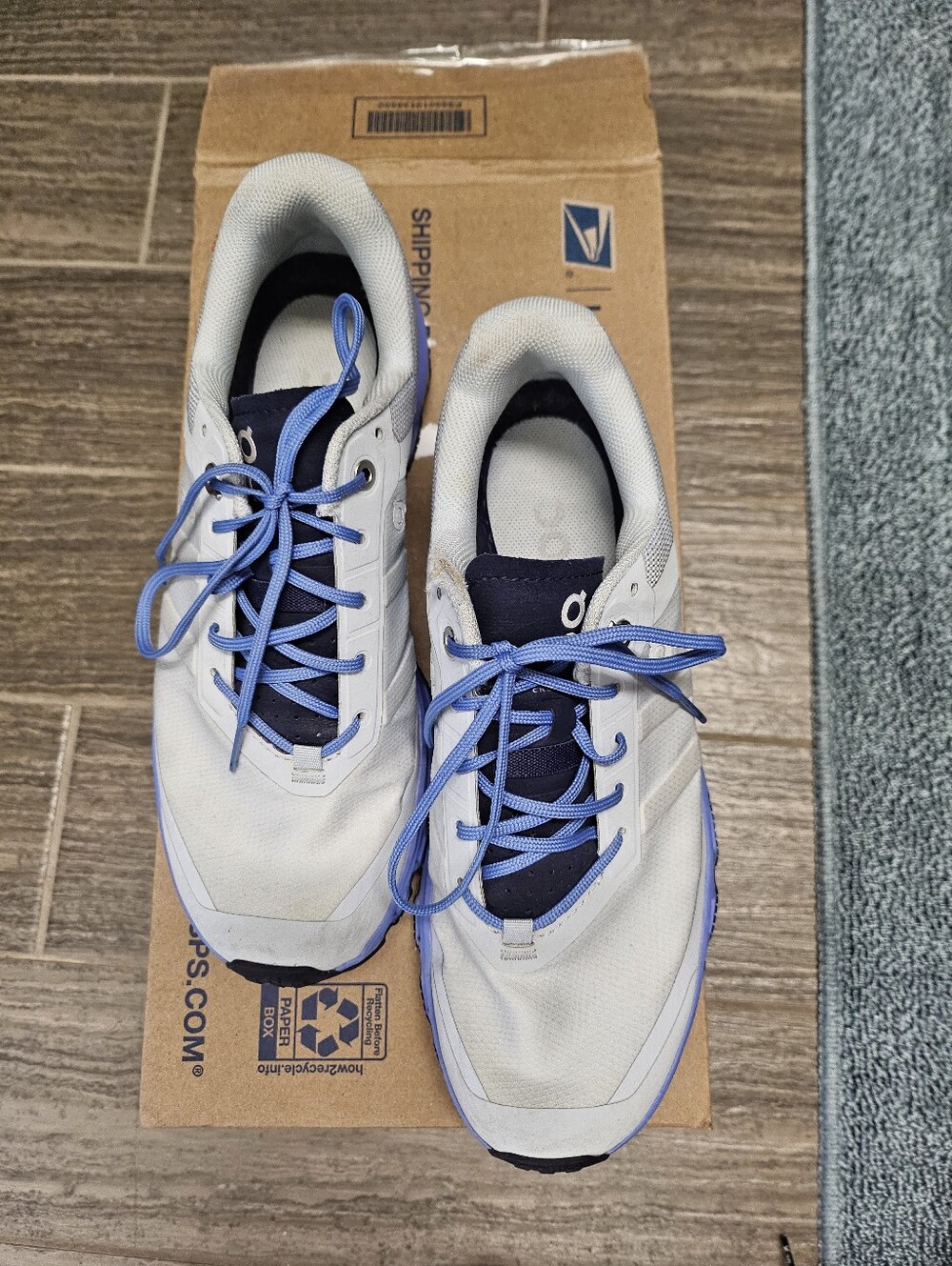 On Running Silver/White and Blue Athletic Running Shoes